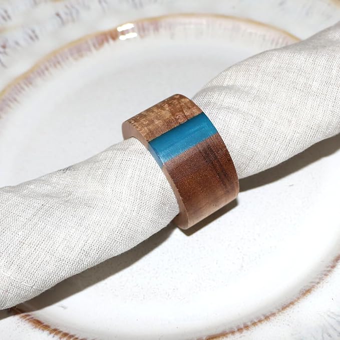 Wooden Napkin Rings Set of 8 for Dinning Table Decor - Acacia Wood Resin Napkin Holder Blue Napkin Ring for Home and Kitchen Décor (Round Shape)