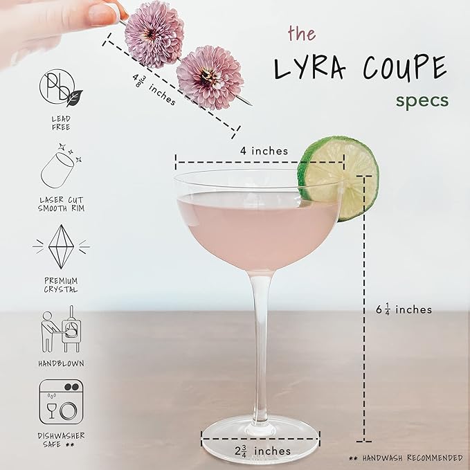 MORA PURE The Lyra Coupe Glass Set of 4, 7oz Handblown Premium Crystal Classic Cocktail Glasses for Martini, Champagne, Mixology, Home Bar, Fancy Margarita, Gin&Tonic, Drinking, etc. For Mixologists