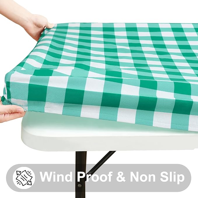 Smiry Rectangle Picnic Table Cloth, Elastic Waterproof Fitted Vinyl Tablecloths, Flannel Backed Buffalo Plaid Table Covers for Dining, Camping, Outdoor (White and Green, 36" x 96")
