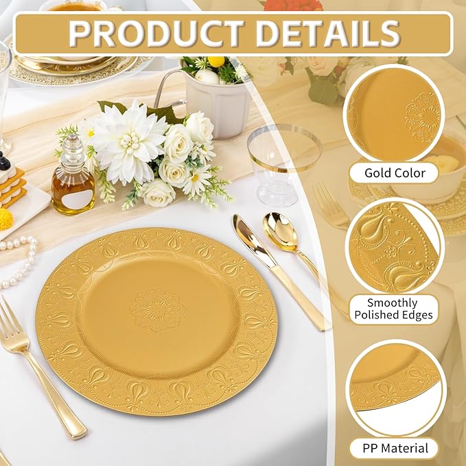 PROY 100 Pcs Gold Charger Plates Bulk, Premium Gold Chargers for Dinner Plates, Table Chargers for Table Setting, Wedding