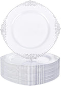 Nervure 100PCS White and Silver Plastic Plates - 10.25Inch Silver Disposable Plates - Heavyweight Dinner Plates for Wedding & Party