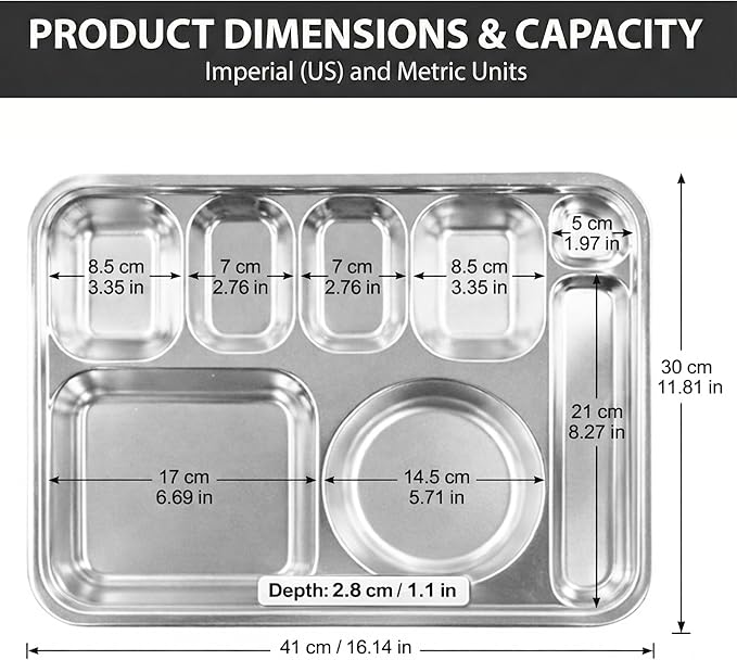 Korean Stainless Steel Divided Plates with Cutlery Slot for Adults, Premium 304, Electro-Polished, No Black Residue, BPA-Free, XL 8-Compartment Food Tray, Camping, Set of 2