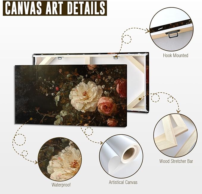 ADJUVANT Wall Art Vintage Peony And Rose Bouquet 48"L x 24"W, White Peony With Pink Roses Canvas Painting Elegant Floral Artwork Prints Botanic Wall Decor for Living Room Bedroom Dining Room Home Office