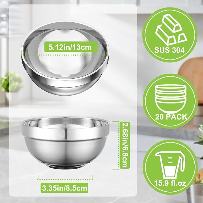 Stainless Steel Bowls Bulk, 20 Pack 5.1in 15.9oz 470ml Mini Small SUS304 Double Wall Insulated Stackable Metal Eating Bowl Containers for Restaurant Serving Snacks Ice Cream Soup Cereal Rice