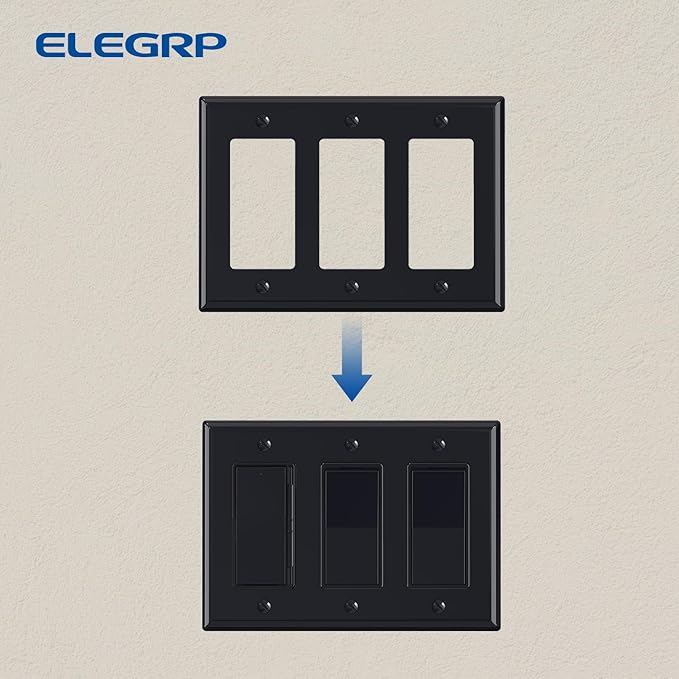 ELEGRP 3-Gang Decorative Wall Plates, Standard Size 4.53" H x 6.39" L Unbreakable Thermoplastic Faceplate Cover for Decorator Receptacle Outlet Switch, UL Listed (5 Pack, Glossy Black)
