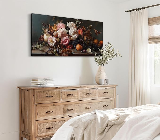 ADJUVANT Wall Art Vintage Floral And Fruit 48" L x 24" W, Peonies With Grapes And Citrus Canvas Painting Prints Graceful Botanic And Fruity Wall Decor for Living Room Bedroom Dining Room Home Office