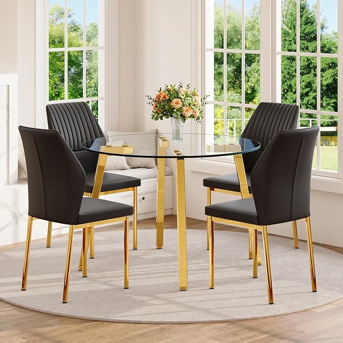 42" Round Glass Dining Table Set for 4,Modern Breakfast Table Set for 4 with Luxury Gold Chrome Legs,Space Saving Kitchen Table and Black Chairs for Apartment,Easy Assembly