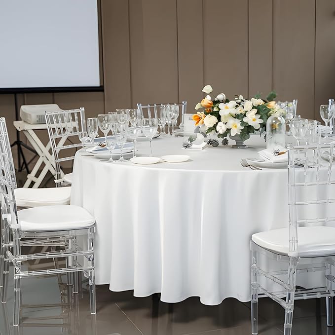 12 Pack White Round Tablecloth 90 Inch White Table Cloth Stain and Wrinkle Resistant Reusable and Washable Polyester Fabric Table Covers for Buffet Wedding Party and Banquet