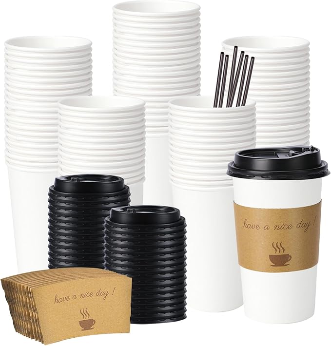 50 Pack 16 oz Disposable Coffee Cups with Lids, Paper Hot Coffee Cups with Sleeve and Straw, To Go Cups for Home, Office, and Party (White 16oz)