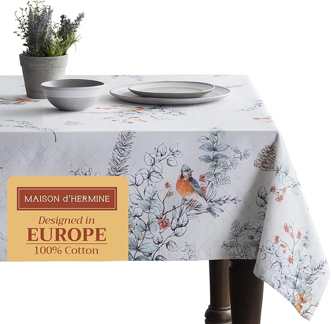 Maison d' Hermine Table Cloth Rectangle Table 100% Cotton 60 x 108 Inches Fall Tablecloth Reusable Everyday Use for Thanksgiving Christmas Decorations Dining Farmhouse Party (Whitish Shabby Chique)