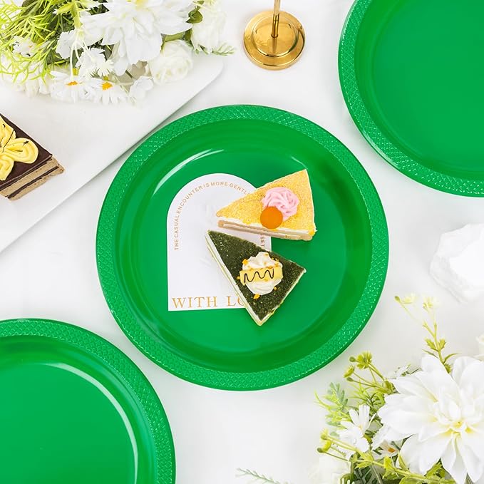 WELLIFE Green Party Plates 9 Inch -150 Count, Disposable Plastic Dinner Plates for New Year Party St. Patrick's Day Easter