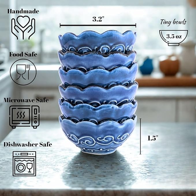 Handmade Decorative Turkish Ceramic Mini Pinch Bowls Set of 6 – Small Dipping & Serving Sauce Bowls, Blue Charcuterie Accessories, Hand-Painted Floral Pattern Snack Dishes for Kitchen & Table Decor