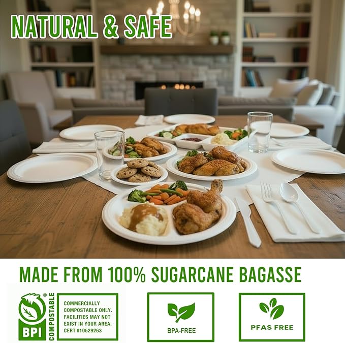 Compostable Heavy Duty Disposable Paper Plates, 150 Count | 10 Inch Round | Natural Bagasse, White Biodegradable Eco-Friendly Sugarcane BBQ, Party, Gathering, Picnic Sugarcane Tray