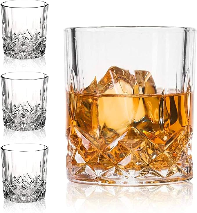 Set of 4 Crystal Old Fashioned Whiskey Glasses, 11 Oz Unique Bourbon Tumblers, Ultra-Clarity for Vodka, Scotch and Cocktails (4SET)