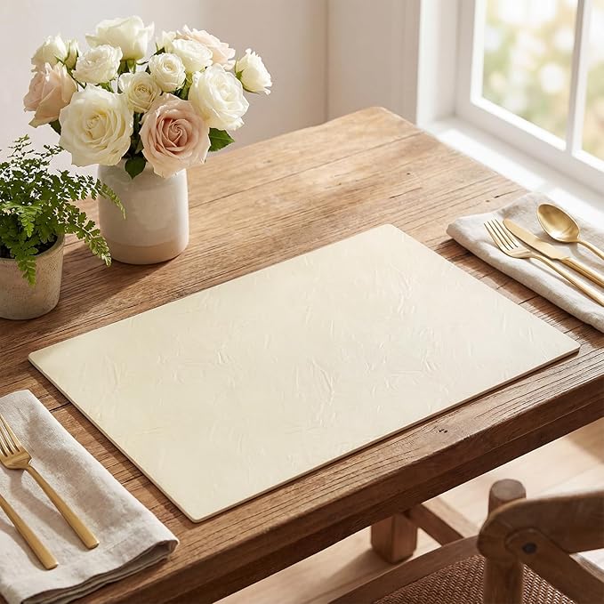 Artoid Mode Beige Faux Leather Placemats Set of 6, 12x18 Inch Waterproof Wipeable Heat Resistant Vinyl Place Mats, Reversible Table Mats for Kitchen Dining Decor