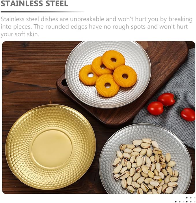 Sosoport Vintage Stainless Steel Fruit Serving Tray round Textured Dinner Plate Outdoor Camping Snack Platter Sturdy Gold Fruit Plates for Picnic and Party Use