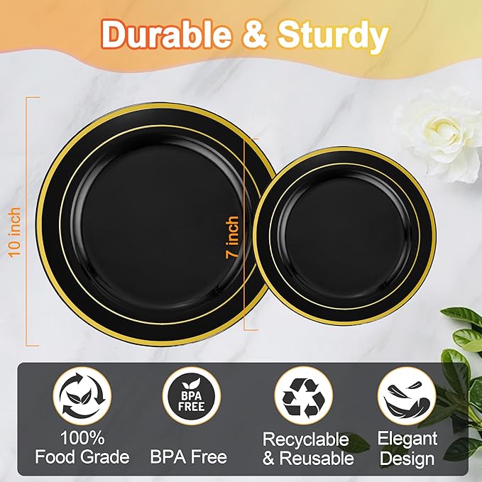 200 PCS Black and Gold Plastic Plates, Party Black Disposable Plates Include 100 10 inch Dinner Plate and 100 7 inch Dessert Plate,black gold rim plates Perfect for Party & Wedding