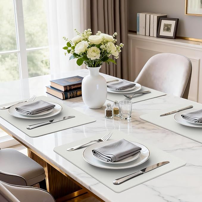 Faux Leather Placemats Set of 6, Washable Place Mats, Wipeable Waterproof Oil-Proof Heat Resistant Table Mats, Non-Slip Vinyl Placemats Rectangular Place Mat for Table Indoor Outdoor (White)