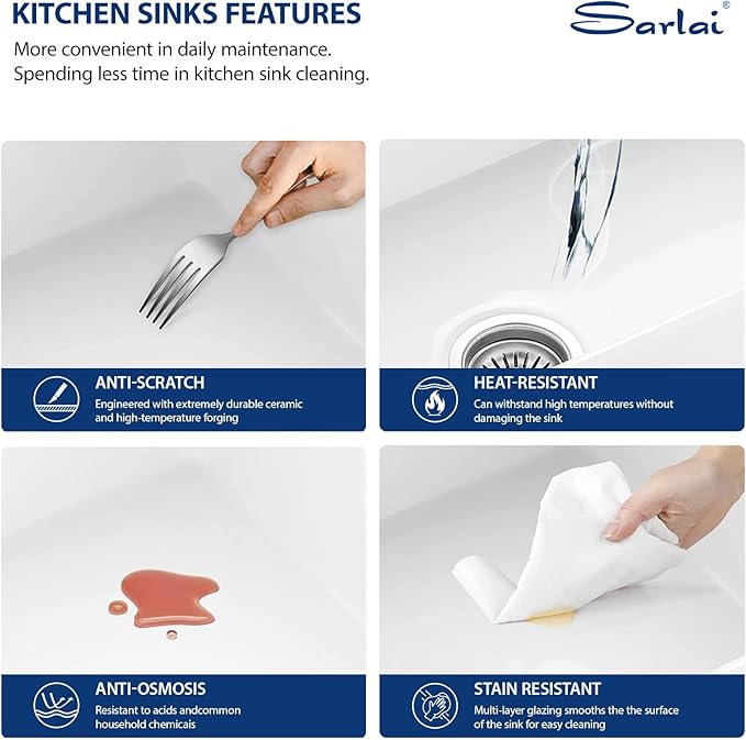 Sarlai 33 White Farmhouse Sink - 33x20 Inch Kitchen Sink Apron Front Ceramic Porcelain Vitreous Fireclay Single Bowl Farmer Sinks Basin