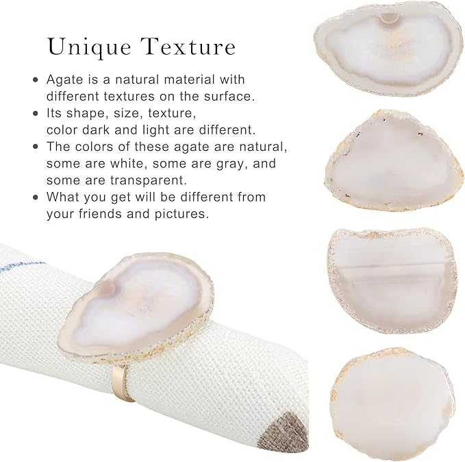 CozyTower Agate Napkin Rings Set of 4, Gold Napkin Holders for Cloth Napkins, Unique Wedding Decorations Napkin Ring Kitchen Accessories for Dinner Party (Natural Color Agate)