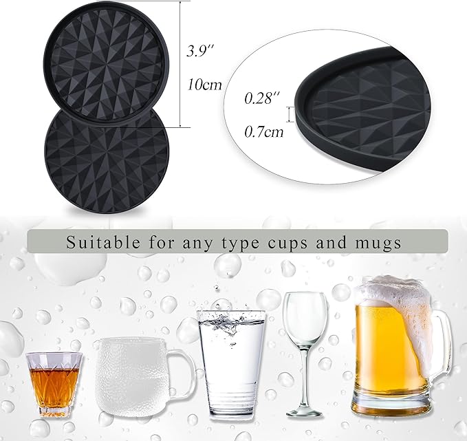 Silicone Coasters for Drinks[8 Pack, No Holder]- Cup Mat for Tabletop Protection-Non-Slip, Non-Stick, Coffee Table Decor, Great Gift for Any Occasion, Black