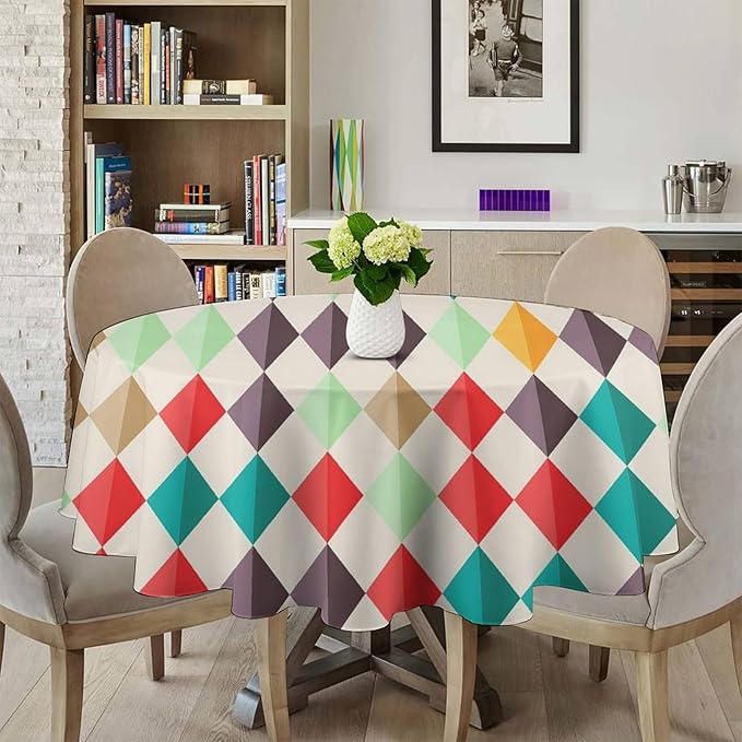 Abstract Geometric Round Tablecloth, Modern Mid Century Background Mid Century Colorful Print Pattern Tablecloth for Home Party Dining Room Kitchen Decor 60Inch(152cm)