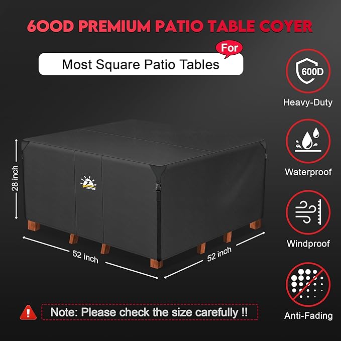 Zettum Patio Furniture Cover Square - 52 Inch Outdoor Table Cover Waterproof & Heavy Duty, 600D Lawn Furniture Set Covers for Outside Dining Table and Chairs Seating Combo - 52 x 52 x 28 Inch