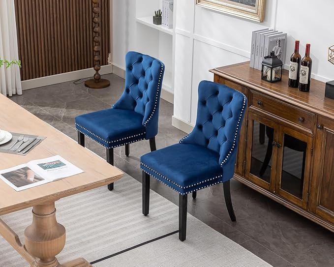 KCC Velvet Dining Chairs Set of 2, Upholstered High-end Tufted Dining Room Chair with Nailhead Back Ring Pull Trim Solid Wood Legs, Nikki Collection Modern Style for Kitchen, Blue