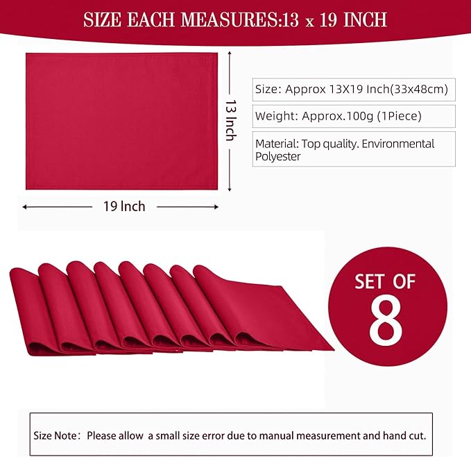 Cloth Place Mats Set of 8–Reusable Rectangular Waterproof Fabric Polyester Washable Wipeable Heat Resistant Linen for Kitchen Dining Dinner Restaurant Wedding Table(DarkRed/13x19 Inch)