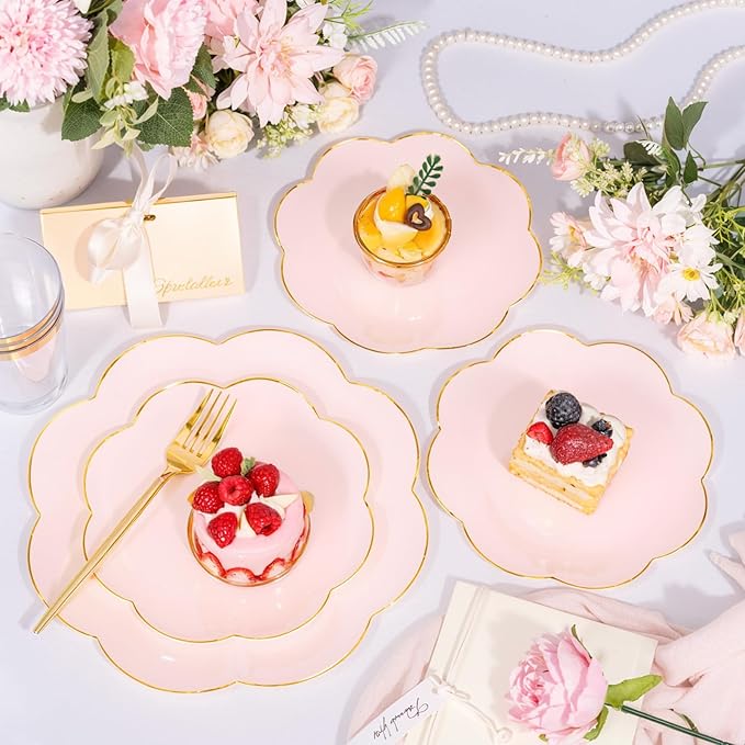 EI 180pcs Pink Plastic Plates with Gold Plastic Silverware,Party Plates Disposable,Pink Dinnerware Set for Afternoon Tea,Wedding,Birthday,Easter,Spring,Mother's Day,Valentine's Day