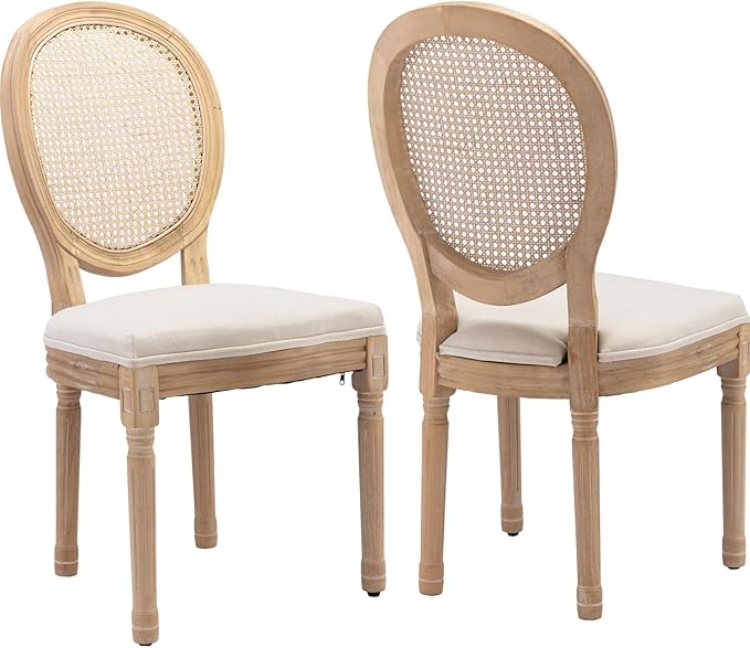 Vintage French Rattan Dining Chairs Set of 2, Solid Wood Frame with Round Rattan Back and Linen Upholstered Seat, Farmhouse Accent Sillas de Comedor Side Chairs for Dining Room & Kitchen, Beige