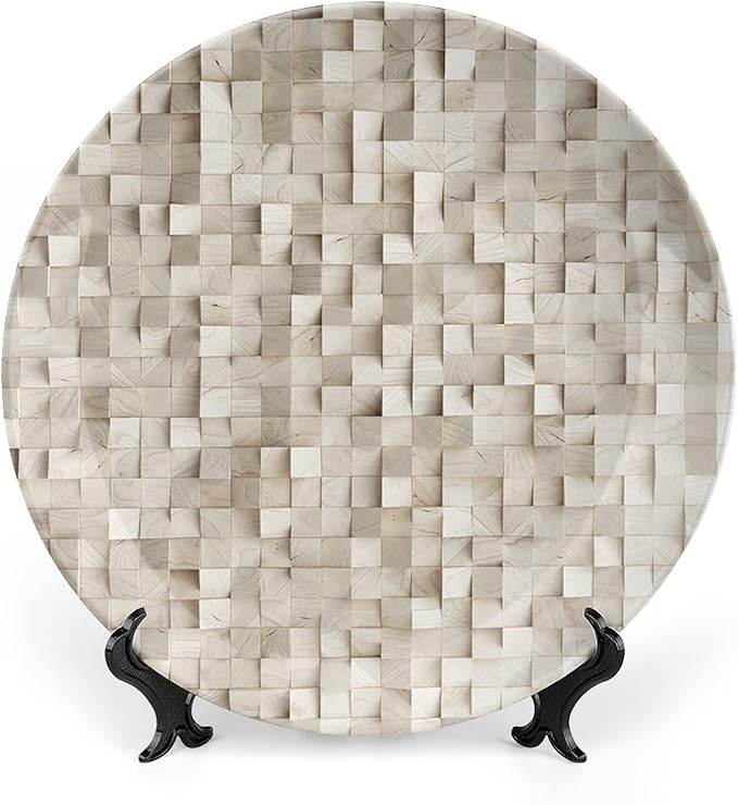Ceramic Plates, Abstract Decorative Ceramic Plates, Wooden Cubes Print, 8 Inch, for Dining, Parties, Wedding, Tan