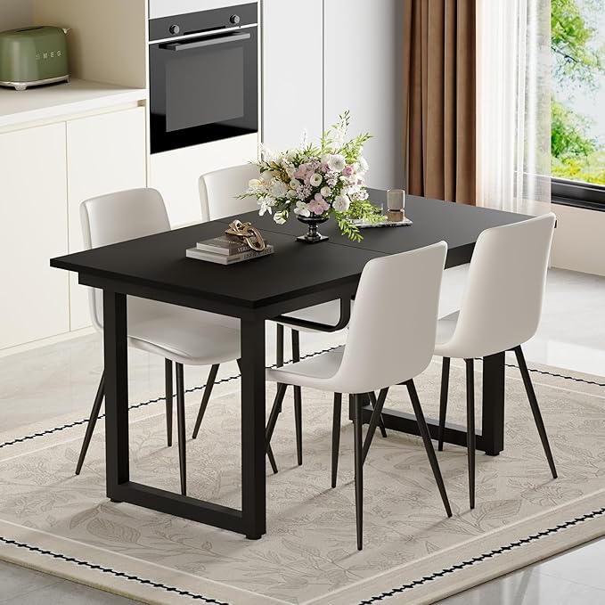 Extendable Dining Table Set for 6, 55"–71" Modern Black Kitchen Table with 6 Upholstered Chairs, Space-Saving for Living Room Apartment, Sturdy & Comfortable, Easy Assembly