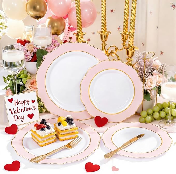 WDF 60pcs Pink Plastic Plates - 10.25inch Baroque Pink And Gold Disposable Dinner Plates for Upscale Parties -Special for Valentine's Party, Wedding, Birthdays