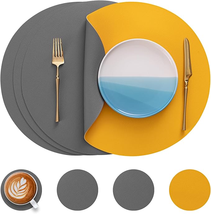Myir JUN Round Placemats Set of 4 Faux Leather Place Mats and Coasters 15 inch Round Table Mats Dual Sided Non-Slip Stain Resistant Placemats (Gray & Yellow, Set of 4)