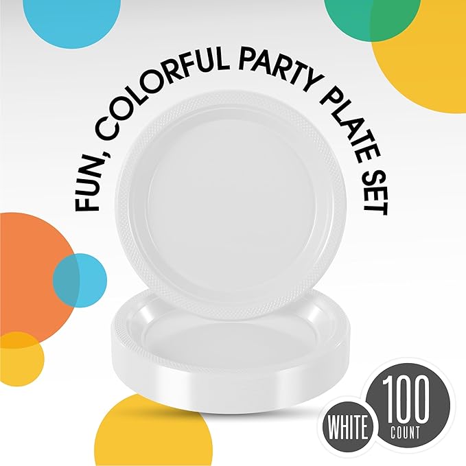 White Plastic Plates For Party 7" White Disposable Plates Heavy Duty 100 Pcs Plastic Dinnerware Sets Heavy Duty 350 GSM Disposable Dinnerware Set