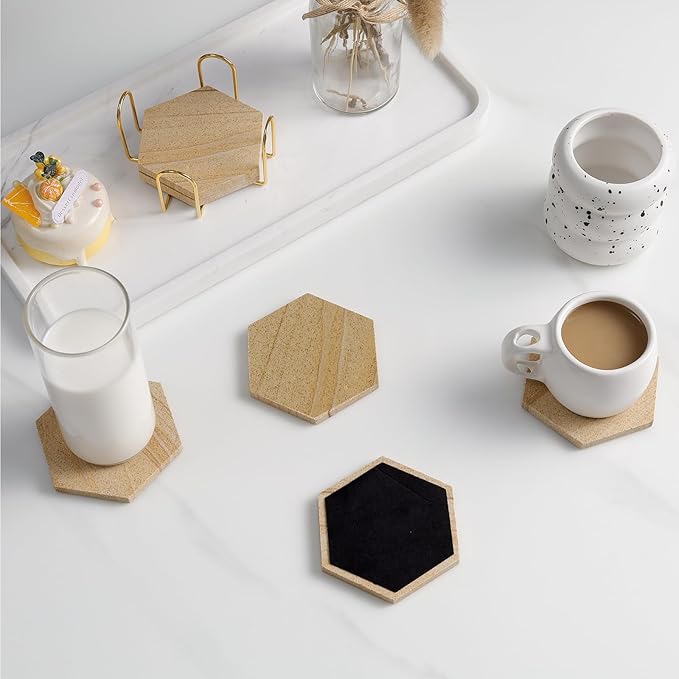 Hexagonal Sandstone Coaster Set of 6, Highly Absorbent Coasters for Drinks, Desert-Like Patterns Natural Sandstone Drink Coasters with Holder for Home Decor, Velvet Backed, Housewarming Gift