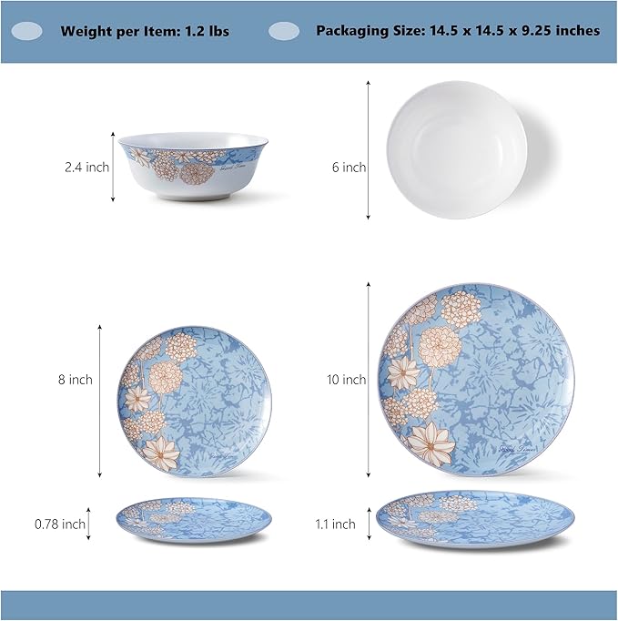 High Bone China Dinnerware Set, 12-Piece Artistic Blue Plates and Bowls, Lightweight & Chip Resistant Ceramic Service for 4, Dishwasher Safe Elegant Kitchen Dining