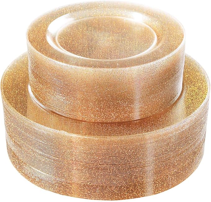 WDF 120PCS Gold Plastic Plates- Disposable Gold Glitter Plates, Premium Heavy Duty 60-10.25" Dinner Plate and 60-7.5" Salad Plate for Parties Wedding Birthday Valentine's Day