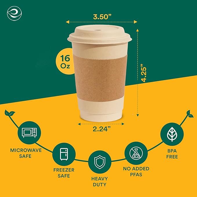 ECO SOUL 25 Pack 16 oz Disposable Coffee Cups with Lids & Sleeves Eco-Friendly, Biodegradable, Compostable, Leak-free & Sturdy To Go Hot Drink Cup for Tea, Chocolate Party Travel Cafe Office & Home