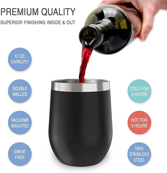 CHILLOUT LIFE 12 oz Stainless Steel Wine Tumblers 2 Pack - Double Wall Vacuum Insulated Wine Glasses Cups with Lids and Straws Set Keeping Cold & Hot for Coffee, Beer, Ice Cream - Powder Coated Black