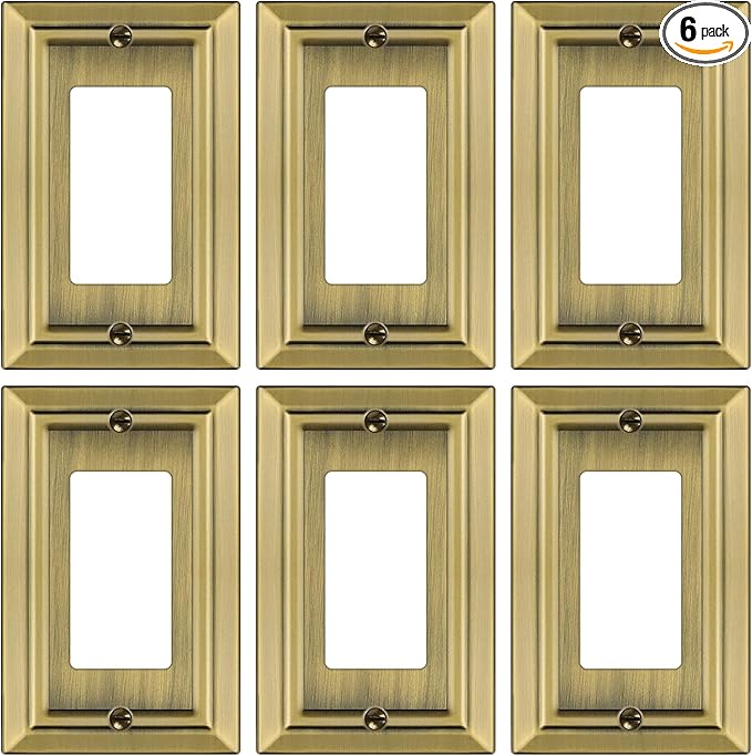 Metal Wall Plate for Electrical Outlets, Decorative Antique Brass Switch Plates Outlet Cover, Light Switch Cover Plate, 1-Gang Wall Plates (Single Decoretor, 6 Pack)