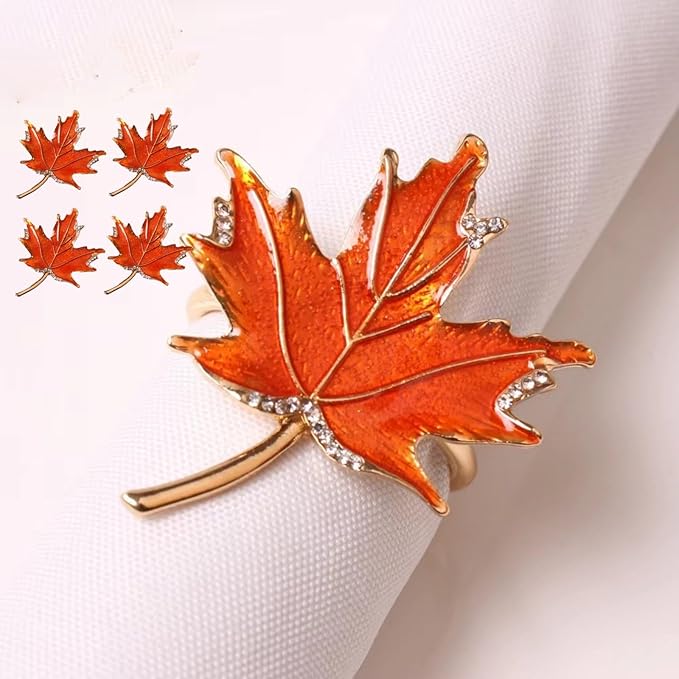 Decorative Napkin Rings Set of 4,Holders Decor Dinner Party,Wedding,Anniversary,Birthday,Table Decor Gift (Red Maple Leaf)