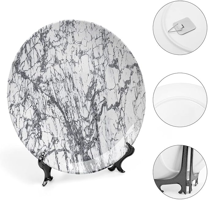 Ceramic Plates, Abstract Decorative Ceramic Plates, Murky Marble Rock Motifs Dynamic Fractal, 6 Inch, for Dining, Parties, Wedding, Grey White