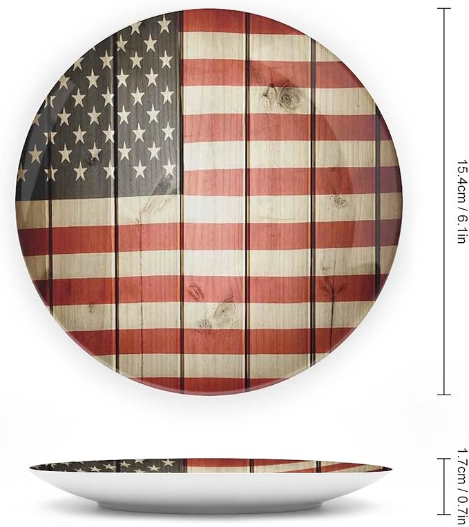 Ceramic Display Plate, American Flag Decor Ceramic Hanging Decorative Plate, USA Flag Over Vertical Striped Wooden Board, 10 Inch, Living Room Kitchen Decoration Household, Blue Red