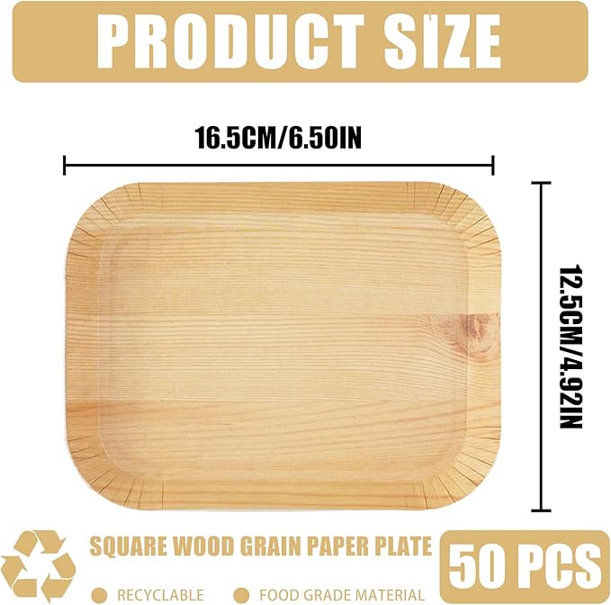 50 Pcs Wood Grain Paper Plates, 6.5 Inch Rectangle Plates, Disposable Rustic Party Plate for Woodland Baby Shower, Camp Fire, Camping, Lumberjack Birthday Party Supplies (S)