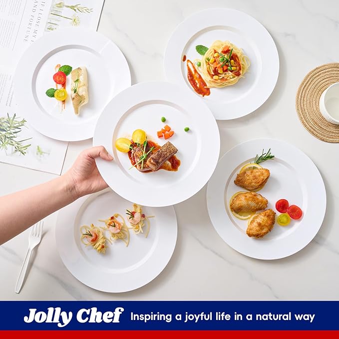 JOLLY CHEF 100 Pieces White Plastic Plates-10 Inch Elegant Disposable Plastic Plate, Disposable White for Weddings,Parties,Christmas,Birthdays and Events