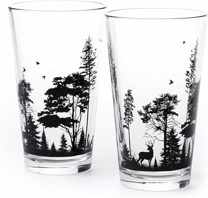 Black Lantern Pint Glasses Forest Animal Landscape Pint Glasses Set - 2 16oz. Beer Glasses