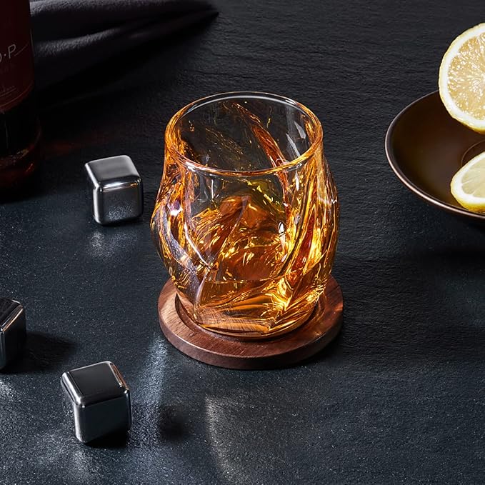 Whiskey Glasses Set of 2, Rocks Glass, 8.5 OZ Drinking Glasses, Creative Twisted Crystal Old Fashioned Cocktail Glass Tumbler for Bourbon, Scotch, Tequila, Cognac, Rum