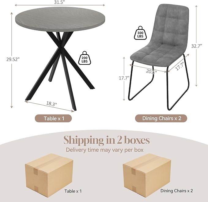 31.5" Round Dining Table Chairs Set for 2, Small Dining Table Chairs Set Space-Saving, Small Dinette Sets for 2 for Kitchen Dining Room Apartment(Gray Table +Gray Chairs)